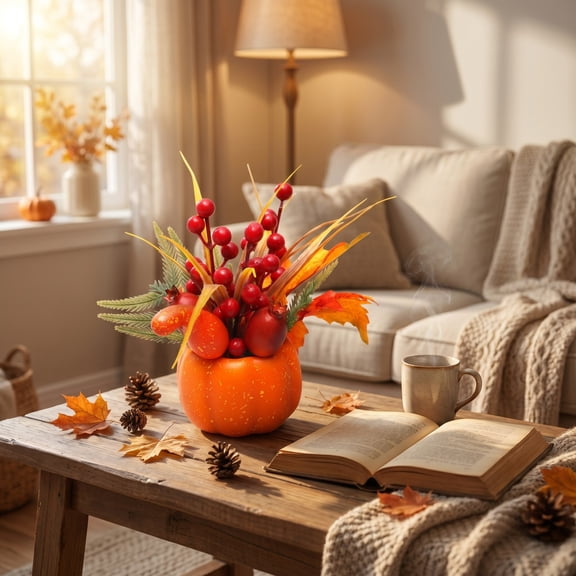 Pre Assembled Artificial Pumpkin Fall Centerpiece, Non Wilting Fade Resistant Weighted Base Table Arrangement, Warm Seasonal Decor For Dining Mantel Halloween Thanksgiving Home Styling