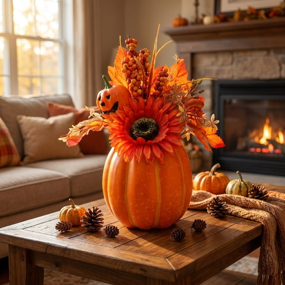 Pre Assembled Artificial Pumpkin Fall Centerpiece, Non Wilting Fade Resistant Weighted Base Table Arrangement, Warm Seasonal Decor For Dining Mantel Halloween Thanksgiving Home Styling