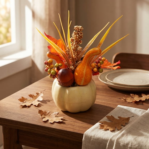 Pre Assembled Artificial Pumpkin Fall Centerpiece, Non Wilting Fade Resistant Weighted Base Table Arrangement, Warm Seasonal Decor For Dining Mantel Halloween Thanksgiving Home Styling