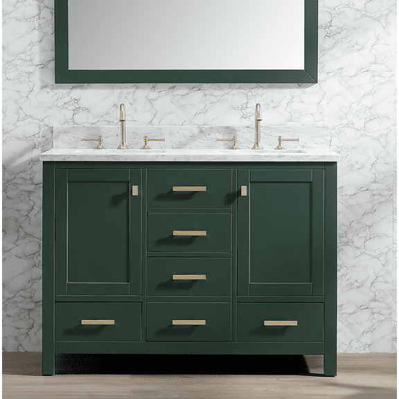 Pre-Assembled Bathroom Vanity Set with White Quartz Countertop&Back Splash (Green, 48 Inches, Double Sink)