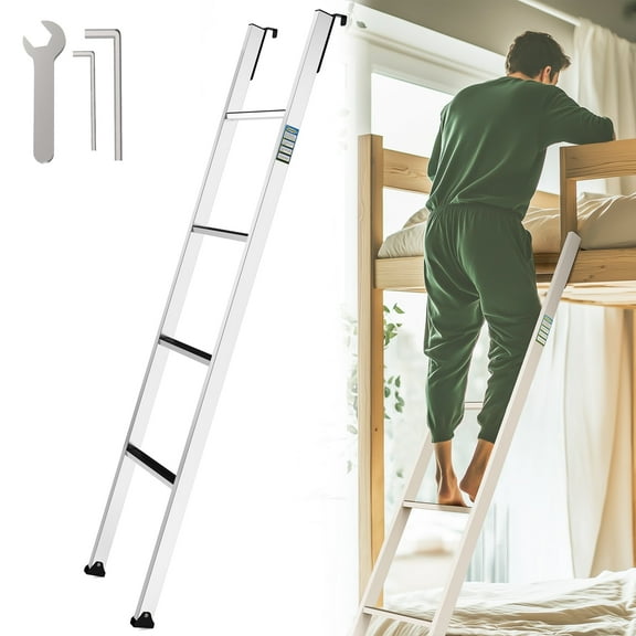 Pre-Assembled Bunk Ladder, Adjustable 3 Levels of Height, Aluminum RV Bunk Bed Ladder with 4 Anti-Slip Steps, Non-Slip Feet, 2 Fixing Methods