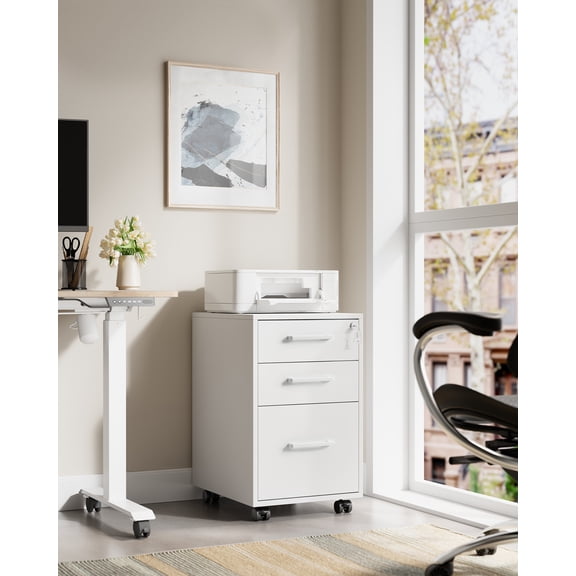 Pre-Assembled File Cabinet with Lock, Office Storage for A4/Legal/Letter Documents, 17.7x14.4x23.6 Inches, Matte White