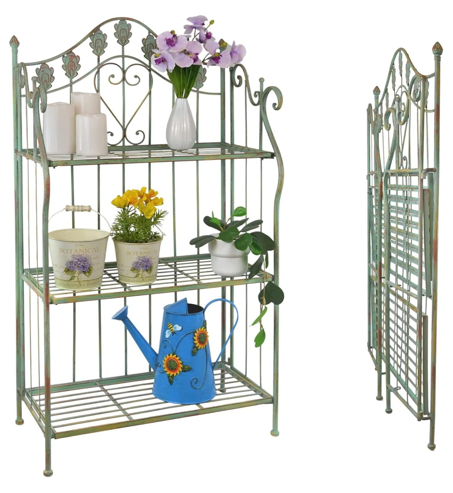Green Patinated Metal Folding Shelf with Peacock Motif