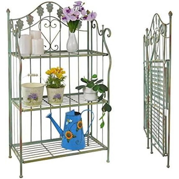 Unbranded Baker's Rack Scrolling Heart & Peacock Tail Motif Outdoor Pre-Assembled Folding Metal 3-Shelf