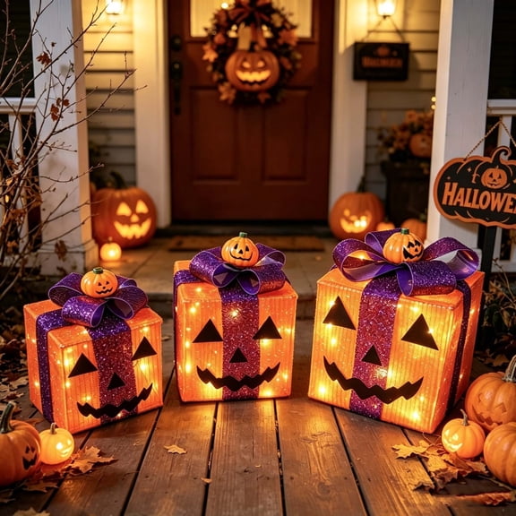 Pre Assembled Halloween Gift Box Set, Light Up Pumpkin Lantern Props, Stacked Present Scene Decorations, Battery Operated Holiday Centerpiece for Porch, Mantel, Party, Ghost House Setup, Multicolor