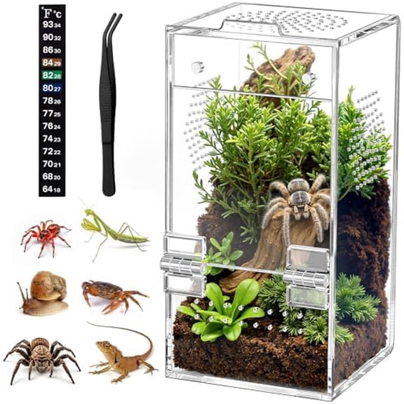 Pre-Assembled Jumping Spider Enclosure,Acrylic Terrarium with Magnetic Door & All-Side Ventilation,Habitat for Spiderling, Mantis,Tarantula,Snail,(Tweezer & Temp Sticker Included)