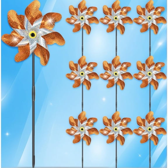 Pre-Assembled Orange Reflective Rainbow Pinwheels 10 Pack, Sparkly Wind Spinners with Stakes, Outdoor Garden Decor Bird Repellent Windmill for Yard Farm Party