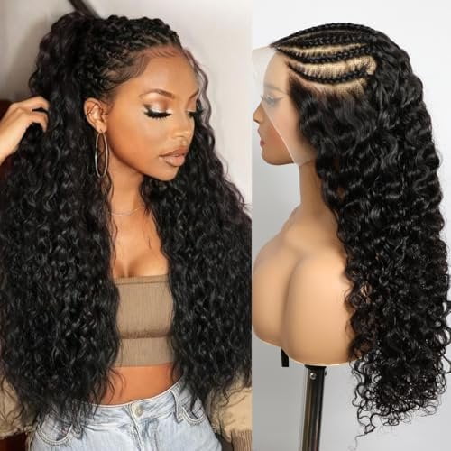 Pre Braided Water Wave Full 13x6 Lace Frontal Human Hair Wigs 26Inch Wet And Wavy Lace Front Virgin Hair Wigs 210% Density Pre Plucked Pre Cut For Black Women