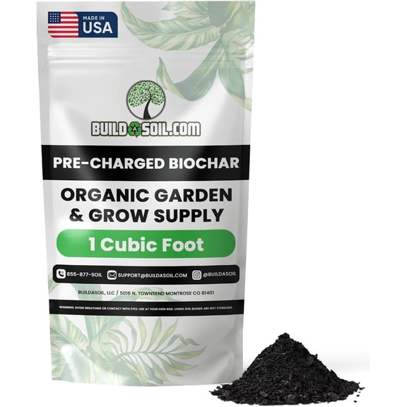 Pre-Charged Biochar Organic Soil Amendment for Plants, No-Till Friendly, Clay Soil Conditioner with Perlite for Gardening and Horticultural Charcoal Blend, 1 Cubic Foot Pack