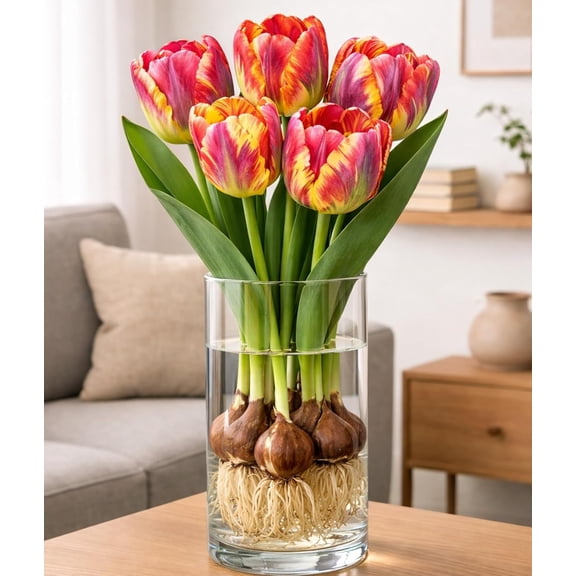Pre-Chilled Fire Feather Tulip Bulbs for Forcing Indoors - Easy to Grow - Grow in Water or Dirt Indoors or Plant Outdoors - Prechilled Indoor Bulbs (5 Bulbs)