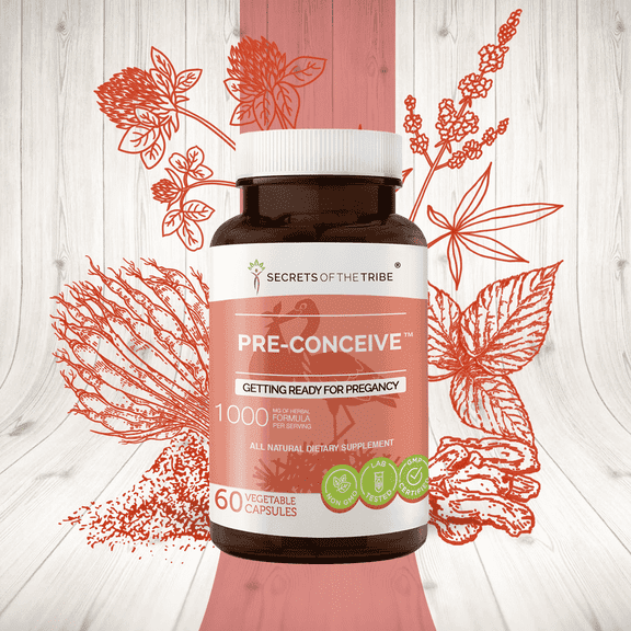 Secrets of the Tribe Pre-Conceive Capsules Dietary Supplement, Natural Herb Blend, Made from Vitex, Red Raspberry, Black Cohosh, Red Clover, White Peony, Shatavari 60 Count