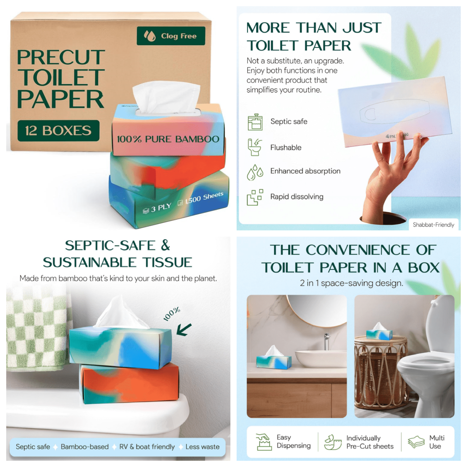 Pre-Cut Bamboo Toilet Paper – 3-Ply, Tissue Boxes – Gentle &   | No Fragrance, No BPA,  Lint-Free | Septic , Dissolves Fast | 12 Boxes (125 Sheets/Box)