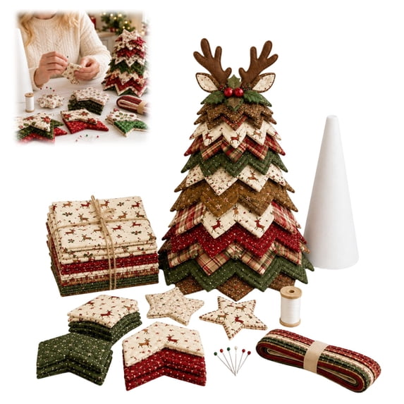 Pre‑Cut Fabric Patchwork Christmas Tree DIY Kit, Multiple Style Topper Quilt Craft Set, 3D Layered Self‑Standing Table Ornament, Holiday Gift for Quilting & Sewing Hobby Enthusiasts