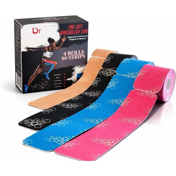 Pre-Cut Kinesiology Tape 80 Count | 4 Rolls, 2"x10" | , Elastic, Breathable | Tape | , Joint & Support | Elastic Athletic Tape | Precut Strips