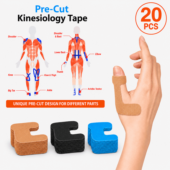 Pre-Cut Thumb Kinesiology Tape, 20 PCS Athletic Support Tape for Thumb Joint Stability, Elastic Sports Tape for Pain Relief, Workouts & Daily Use