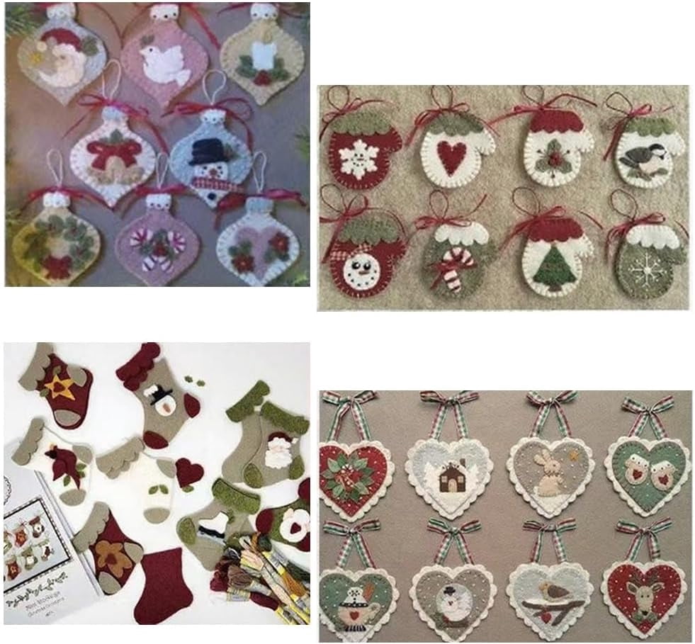 Pre-Cut Wool Blend Felt Holiday Hearts Ornament Kit, Christmas Craft Fabric Sewing Kits, Handmade Felt Decoration, DIY Crafting Supplies for Xmas Party（Material Kit, DIY Assembly Required）(4 set)