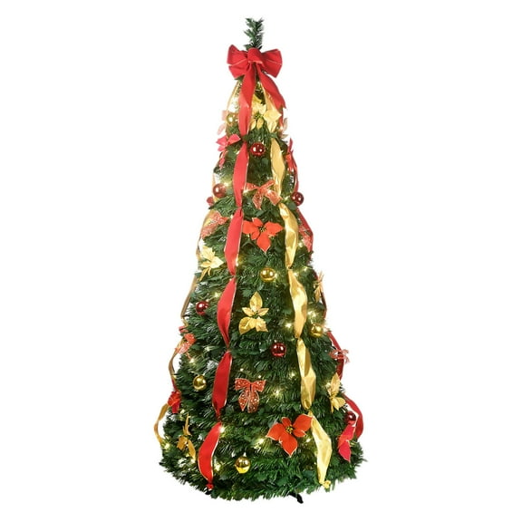 Pre Decorated Christmas Tree with Lights, Prelit Collapsible Christmas Tree, Full Decorated 7.5 ft Artificial Xmas Tree, Red & Gold Ribbon Flower Ball Ornaments-Home Decor Foldable Trees Lights Green