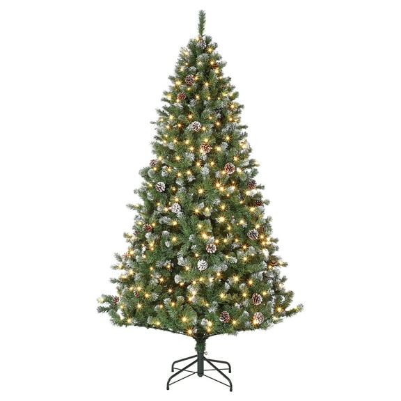 Pre-Decorated Holiday Christmas Tree, 450 PVC Branch Tips, Partially Flocked Design, Pine Cones, Metal Hinges & Base, Flocked Christmas Tree, Fake Tree for Home, Office, Party
