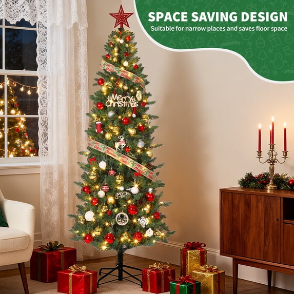 Pre-Decorated Holiday Christmas Tree, Pre-Lit Flocked Artificial Christmas Tree with Pine Cones Party Decoration, Natural Look Hinged Branch Xmas Tree 450 PVC Branch Tips, Partially Flocked Design