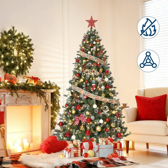 Pre-Decorated Holiday Christmas Tree, Pre-Lit Flocked Artificial Christmas Tree with Pine Cones Party Decoration, Natural Look Hinged Branch Xmas Tree 450 PVC Branch Tips, Partially Flocked Design