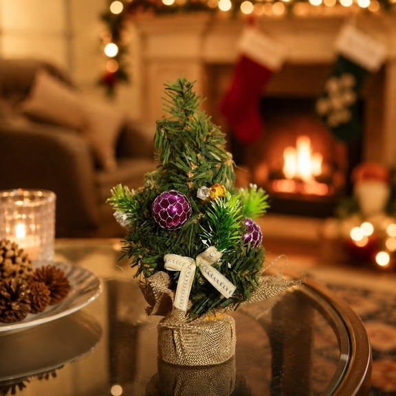 Pre-Decorated Mini Burlap Base Tabletop Christmas Tree,Small Artificial Desktop Xmas Tree for Home,Office,Dorm,Holiday,Party Decor,4.4"x8.8"