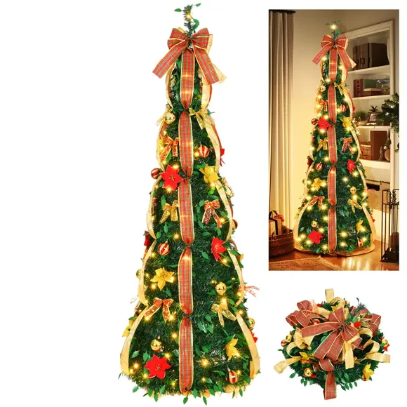 Pre-Decorated Pop Up Christmas Tree Pre-lit 150 LED 6ft 8 Modes Christmas Tree Collapsible Christmas Tree Warm White Light for Christmas Holiday Decoration