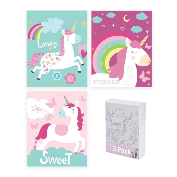 Artkey Pre Drawn Canvas Kit, 5x7 inch 3 Pack Unicorn Designs with 24 Paint Pots and 3 Brushes, DIY Painting Kit for Adults Beginners, Arts and Crafts Gift