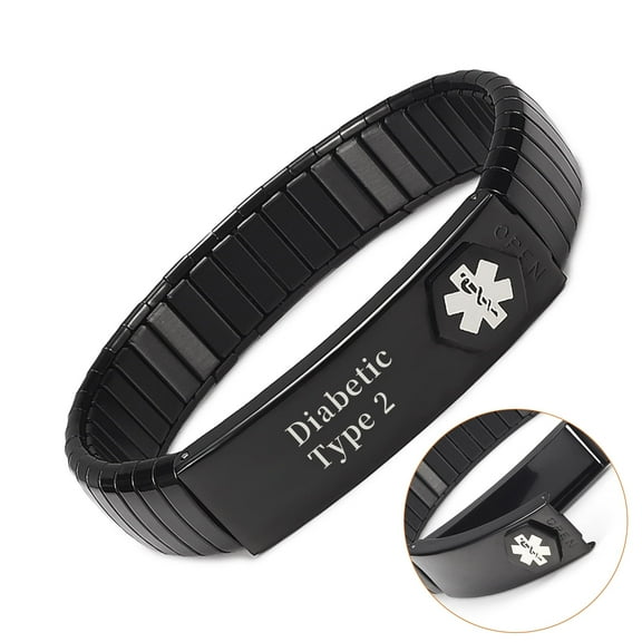 Pre Engraved Black Medical Alert Bracelets for Men, Diabetic Type 2, 21CM, Elastic ID Bangles, Gifts for Dad Husband