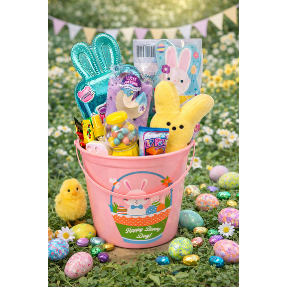 Pre-Filled Easter Basket  Pink Bunny Bucket Basket , Ready-to-Gift Easter Set