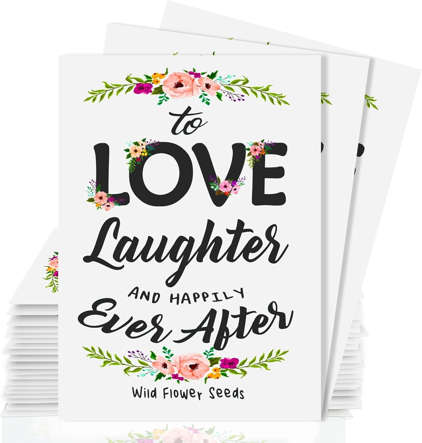 Pre-Filled Wildflower Seed Packet for Wedding Favor Baby Showers Bridal Shower "Love Laughter and Happily Ever After" Party Favors for Guests - Plant Year-Round Seed Mix - White Pack of 20