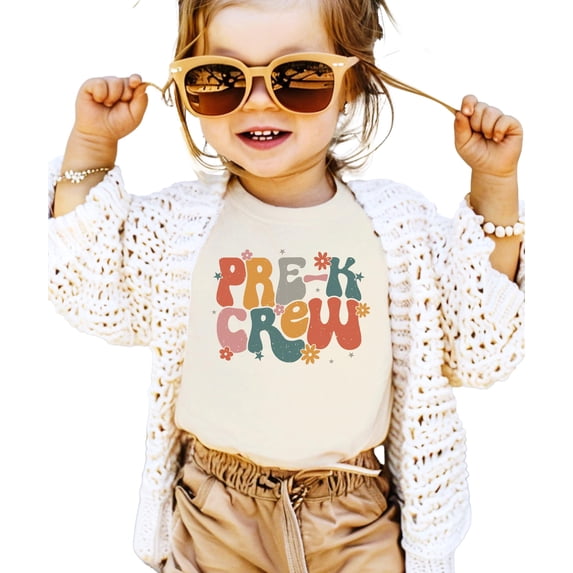 Pre-K Crew Shirt for Girls Colorful Retro First Day of School Tee for Kids Natural Shirt Youth Small