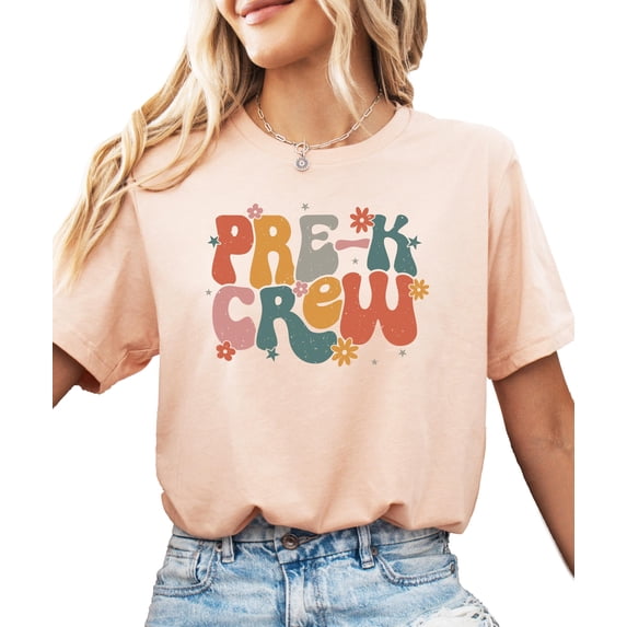 Pre-K Crew Shirt for Women Girly Flowers & Stars Grade School T-Shirt for Teachers Peach Shirt Adult Large