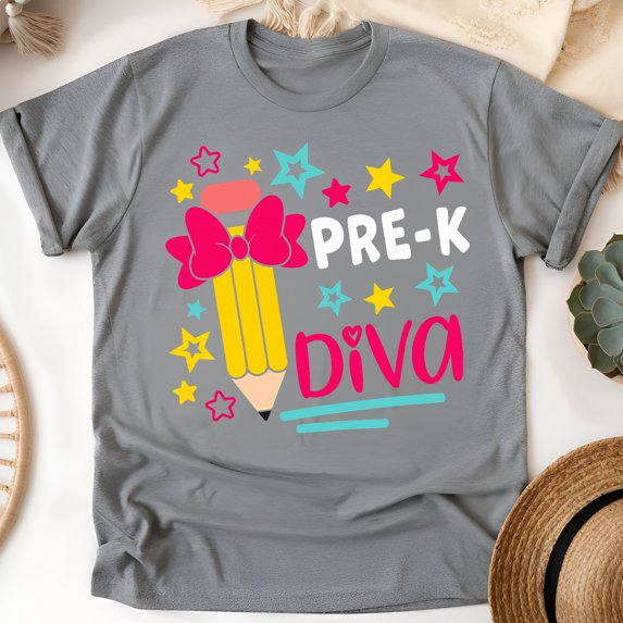 Pre-K Diva Shirt for Girls – Cute Bow Back to School Tee, Graphite Heather, Size L