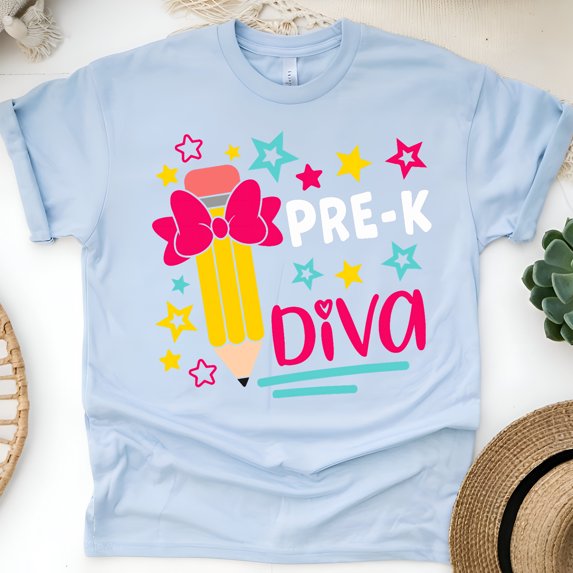 Pre-K Diva Shirt for Girls – Cute Bow Back to School Tee, Light Blue, Size XL