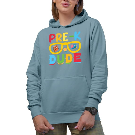 Pre-K Dude, School Themed, Groovy Retro Wavy Text Merch Gift, Light Blue Hooded Sweatshirt or Hoodie, Small