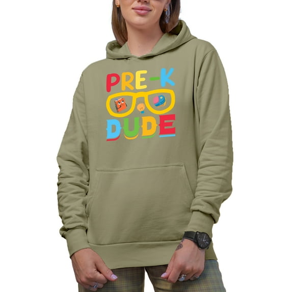 Pre-K Dude, School Themed, Groovy Retro Wavy Text Merch Gift, Sand Hooded Sweatshirt or Hoodie, Large