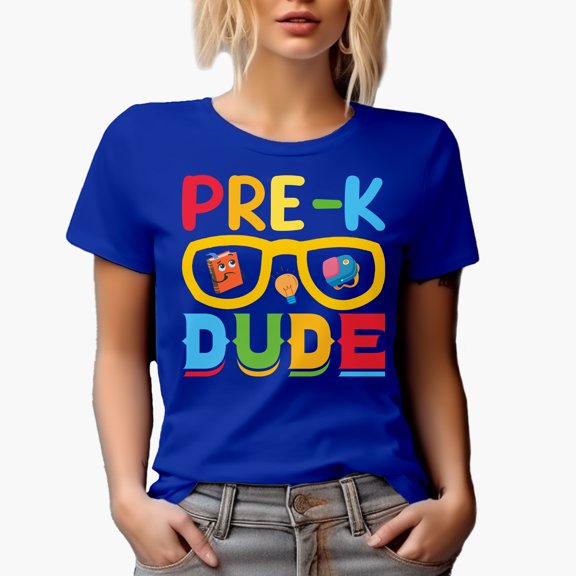 Pre-K Dude, School or Student Themed, Groovy Retro Wavy Text Merch Gift, Royal Blue T-Shirt, Large