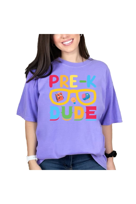 Pre-K Dude, School or Student Themed, Groovy Retro Wavy Text, Violet Comfort Colors T-Shirt, 3XL