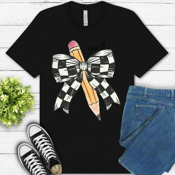 Pre-K Grade Shirt – Cute Black White Bow and School Supply Graphic Tee , Black, S