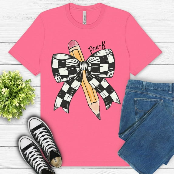 Pre-K Grade Shirt – Cute Black White Bow and School Supply Graphic Tee , CharityPink, 3XL