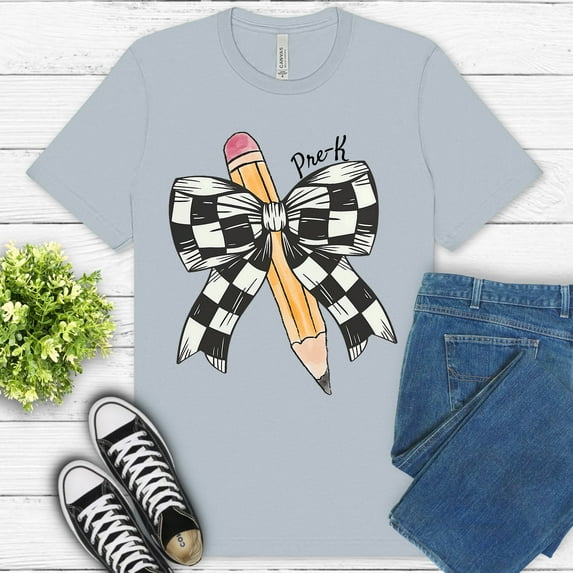 Pre-K Grade Shirt – Cute Black White Bow and School Supply Graphic Tee , LightBlue, L