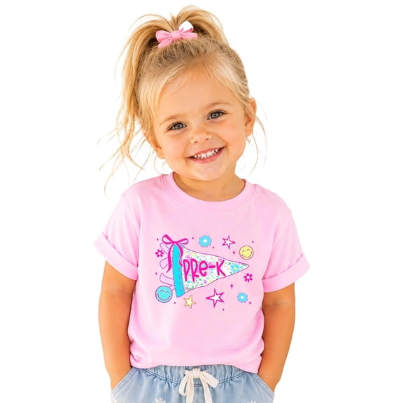 Pre-K Pennant Flag Shirt for Girls Trendy Floral Back to School First Day of Pre-K Tee Pink Shirt Youth Small