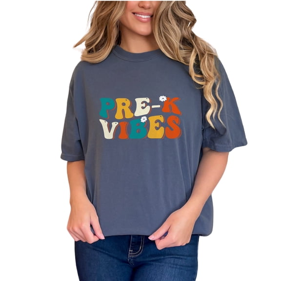 Pre-K Vibes, Prekindergarten School Teacher Themed, Groovy Retro Wavy Text, Denim Comfort Colors T-Shirt, Medium