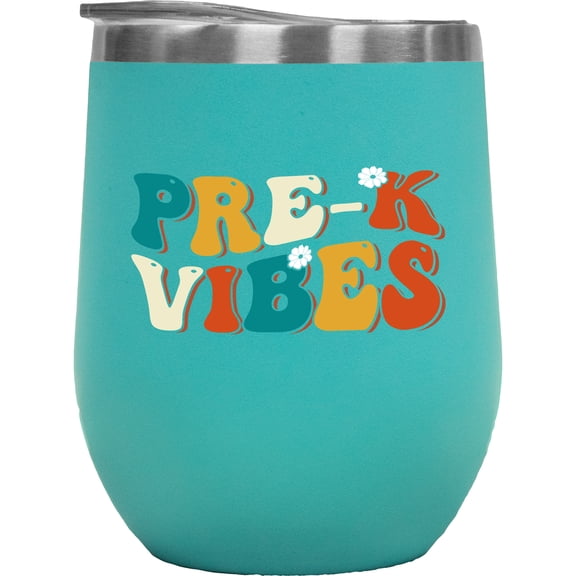Pre-K Vibes, Prekindergarten School Teacher Themed, Groovy Retro Wavy Text Merch Gift, Mint 12oz Wine Tumbler