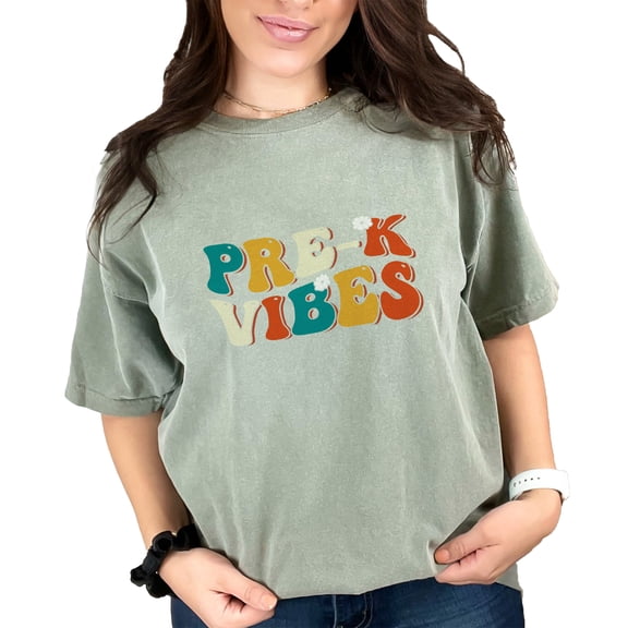 Pre-K Vibes, Prekindergarten School Teacher Themed, Groovy Retro Wavy Text, Moss Comfort Colors T-Shirt, XL