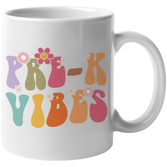 Pre-K Vibes with Flowers, Groovy Retro Wavy Text Merch Gift, White 11oz Ceramic Mug