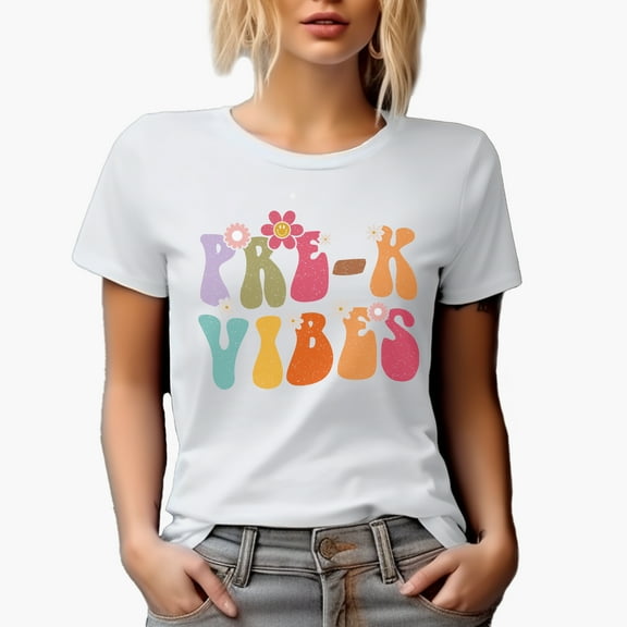 Pre-K Vibes with Flowers, Groovy Retro Wavy Text Merch Gift, White T-Shirt, 2XL