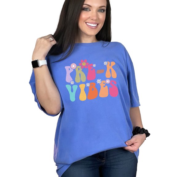 Pre-K Vibes with Flowers, Prekindergarten School Teacher Themed, Groovy Retro Wavy Text, Flo Blue Comfort Colors T-Shirt, Medium