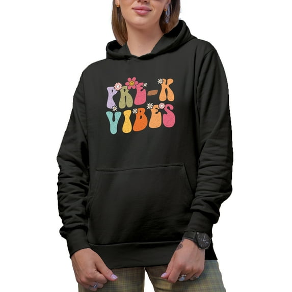 Pre-K Vibes with Flowers, Prekindergarten School Teacher Themed, Groovy Retro Wavy Text Merch Gift, Black Hooded Sweatshirt or Hoodie, Medium