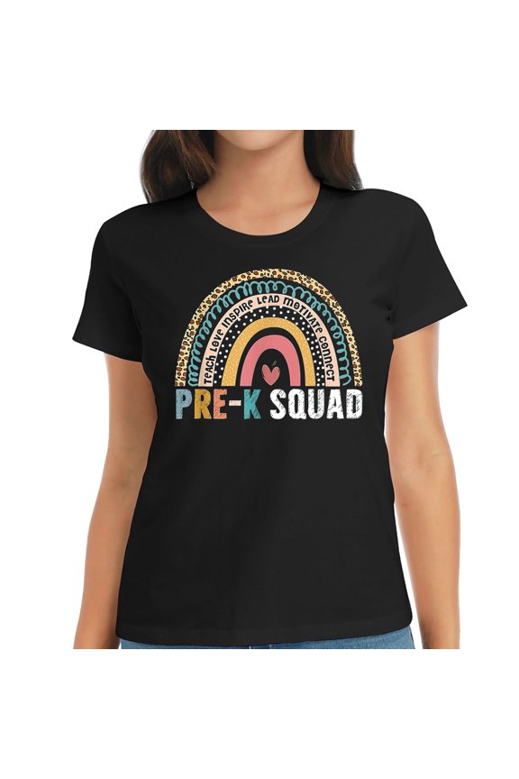 Pre-K rainbow teacher team Pre-K squad girls boys Fashion-Forward Women's Graphic Tee, Casual Short Sleeve T-Shirt